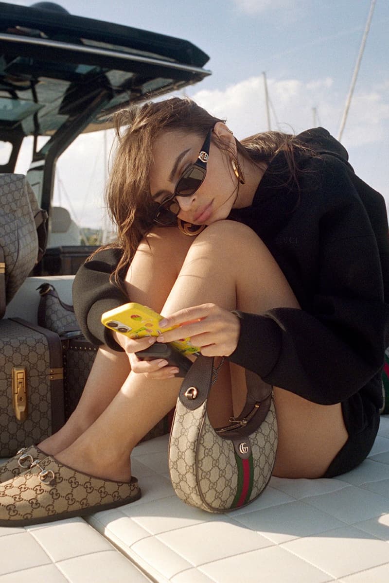 gucci, emily ratajkowski, gg monogram, bag, swimsuit, body, sunglasses, model
