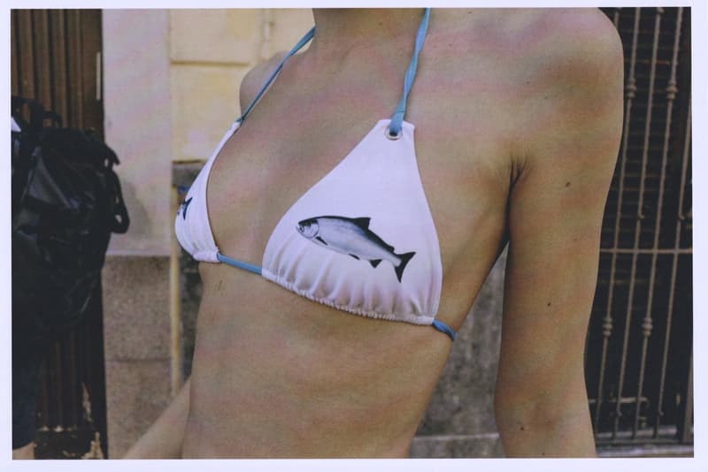 fruity booty, swimwear, bikinis, fish prints, sea, woman, girl, lying down, on the beach