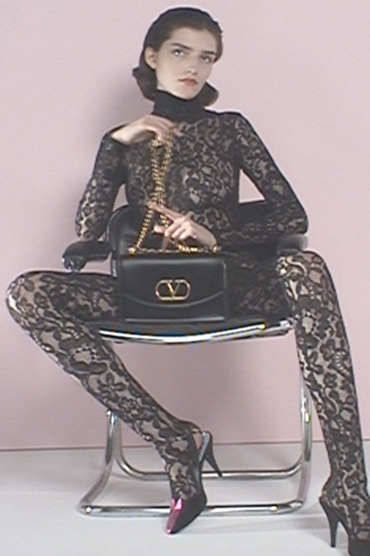 valentino, campaign, garavani bag, lace bodysuit, woman, body, handbags