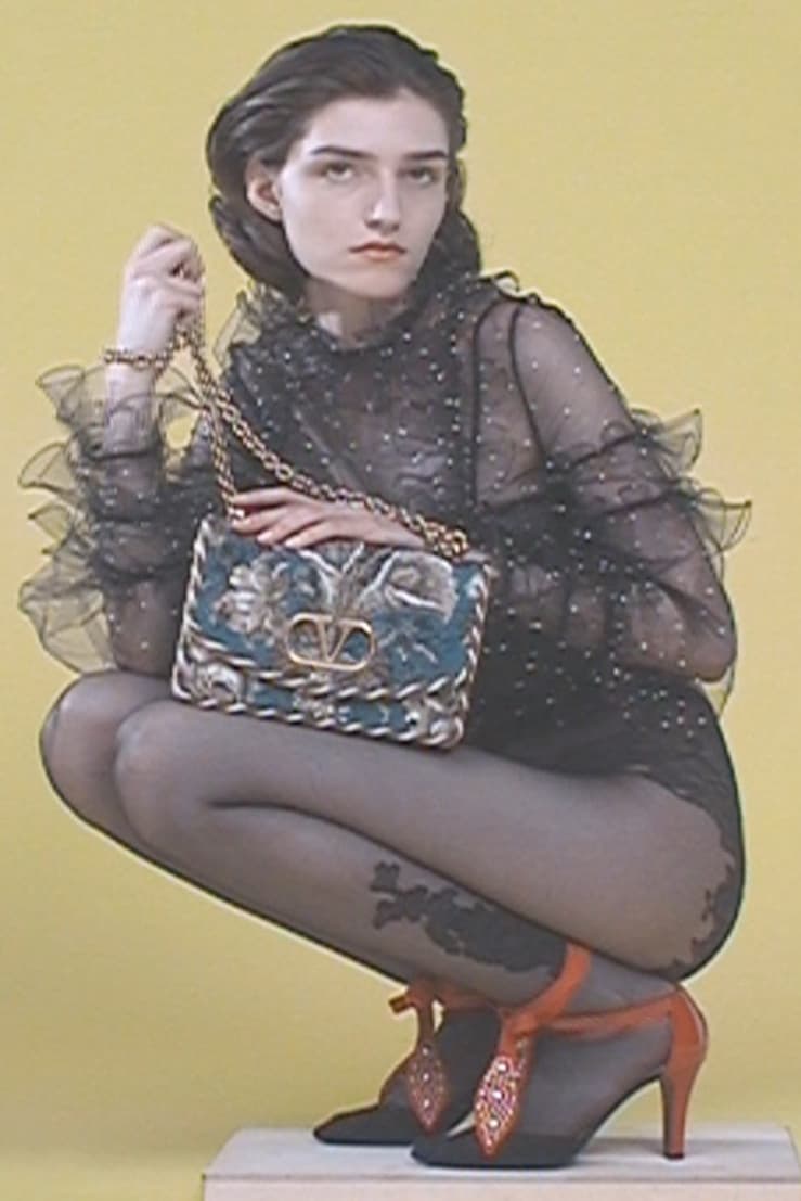 valentino, campaign, garavani bag, lace bodysuit, woman, body, handbags