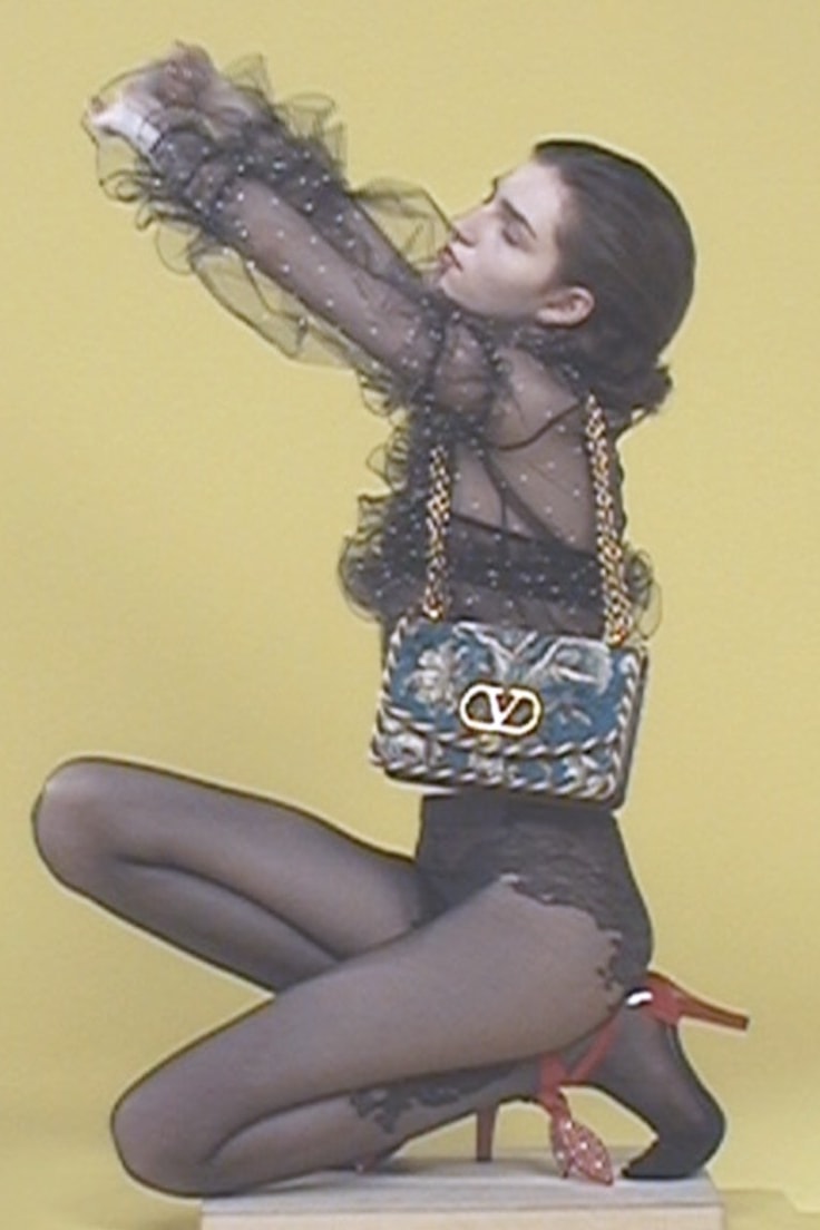 valentino, campaign, garavani bag, lace bodysuit, woman, body, handbags