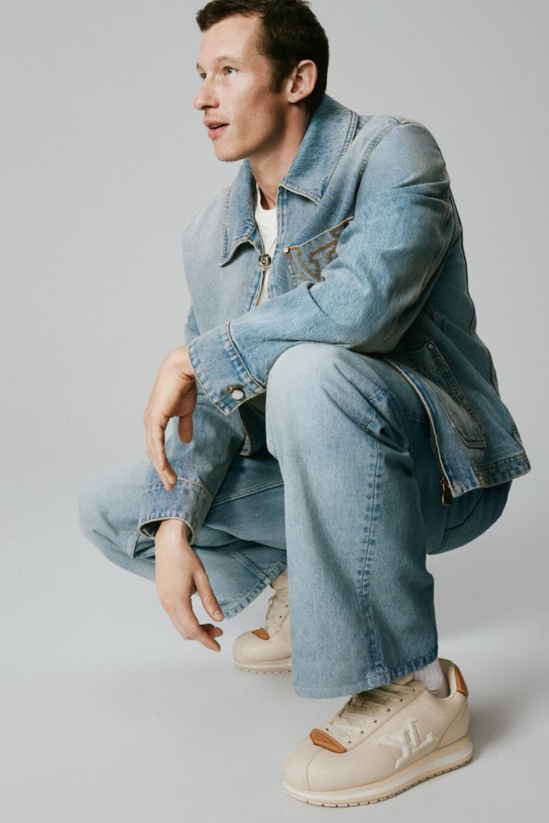 callum turner, louis vuitton, double denim, man, model, actor, buttersoft sneaker