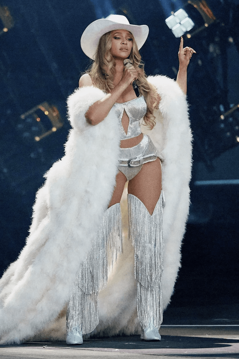 beyonce cowboy carter tour outfits looks thigh high boots fur coats swarovski jersey
