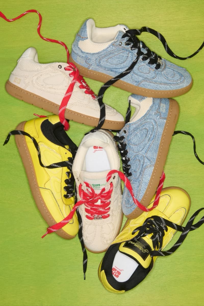 ganni, new sneaker, denim blue, yellow and black, beige, red shoelaces