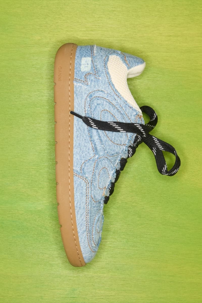 ganni, new sneaker, denim blue, yellow and black, beige, red shoelaces