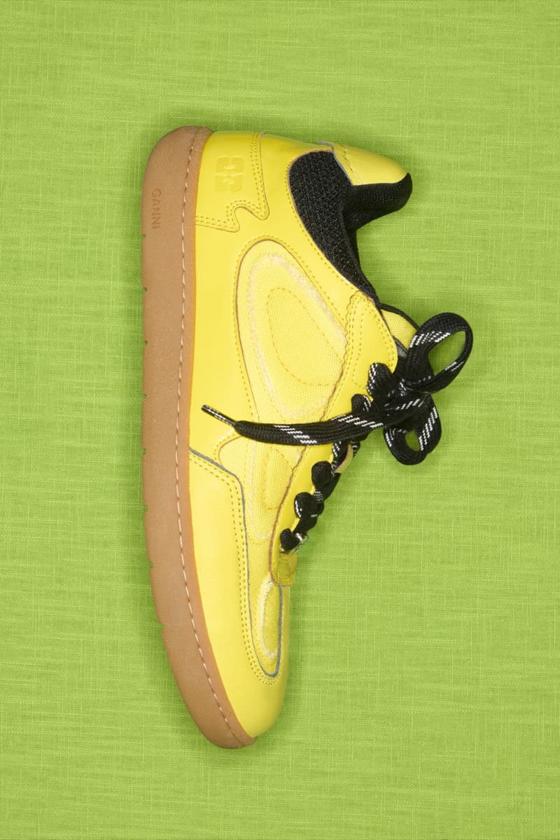 ganni, new sneaker, denim blue, yellow and black, beige, red shoelaces