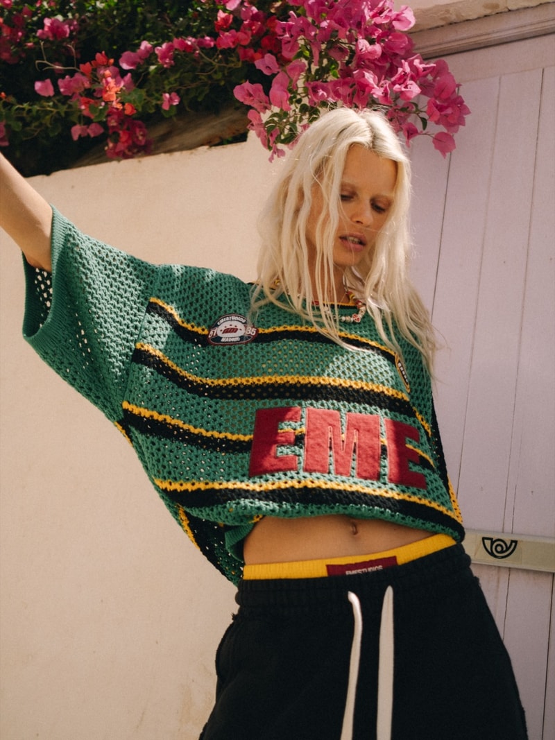 eme studios, spain, girls, streetwear, baggy shorts, island, beach, crochet polo tops