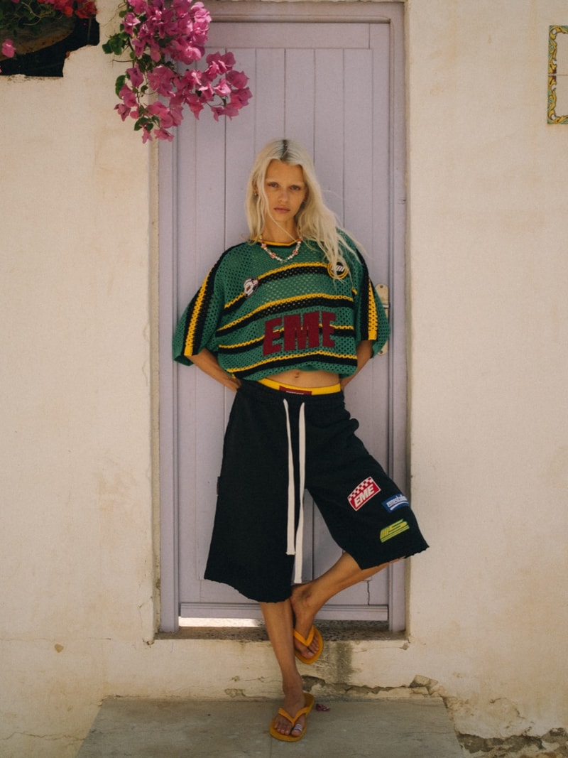 eme studios, spain, girls, streetwear, baggy shorts, island, beach, crochet polo tops