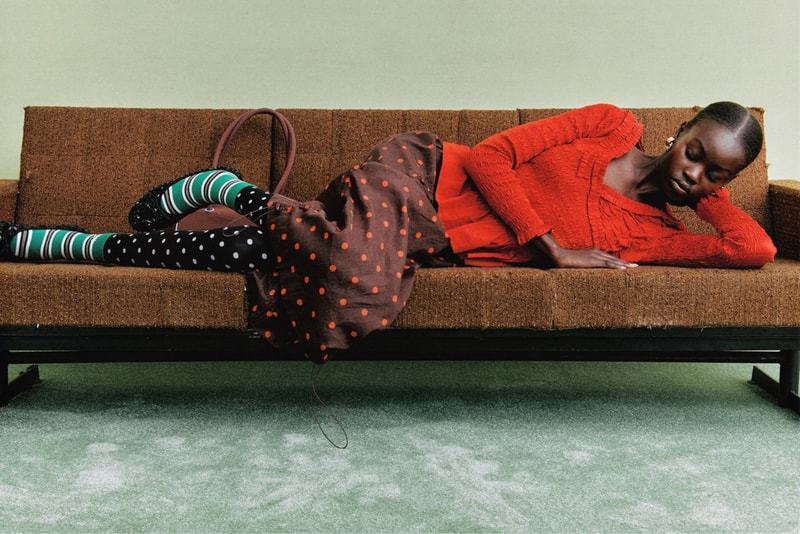 damson madder, polka dots, denim, models, lying down, sofa 