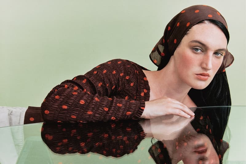 damson madder, polka dots, denim, models, lying down, sofa 