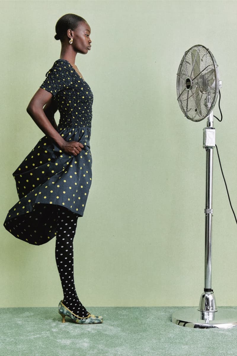 damson madder, polka dots, denim, models, lying down, sofa 