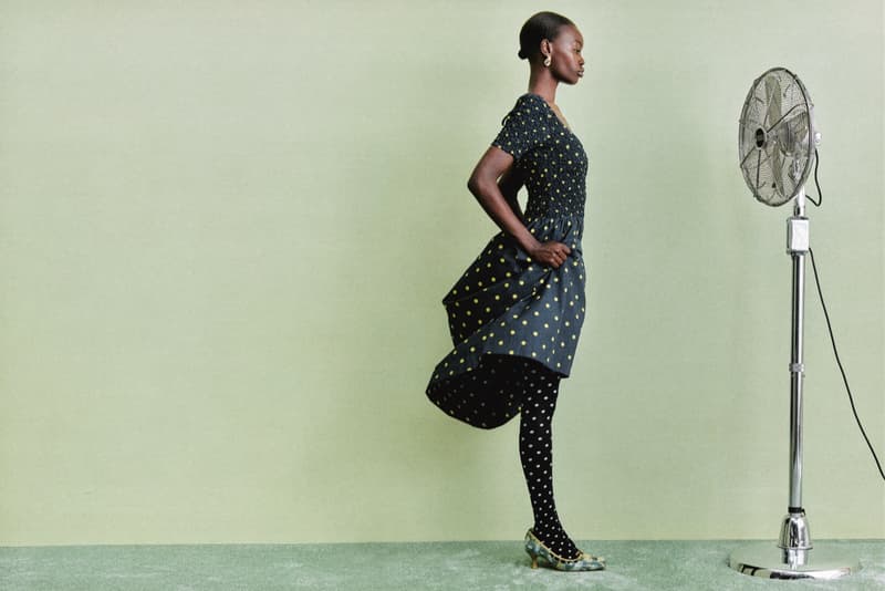 damson madder, polka dots, denim, models, lying down, sofa 