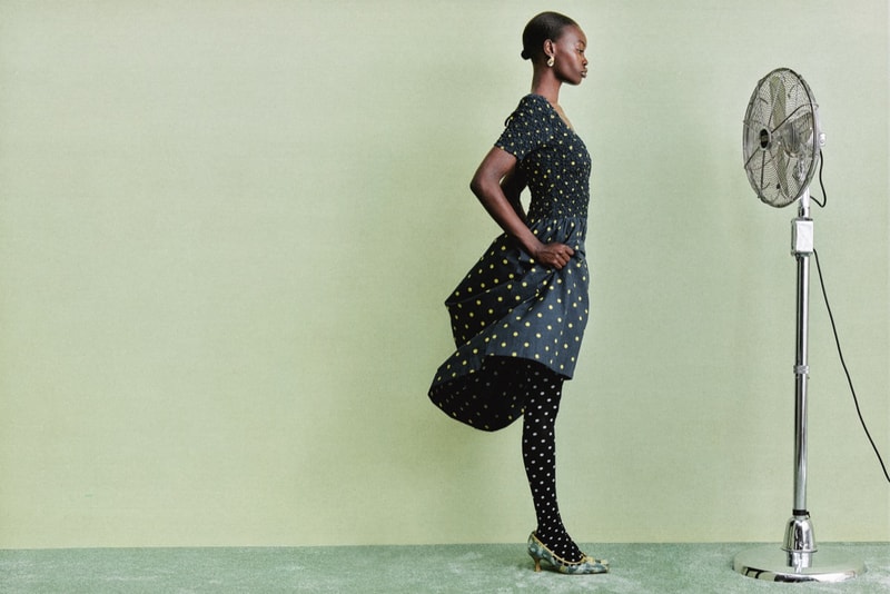 damson madder, polka dots, denim, models, lying down, sofa 
