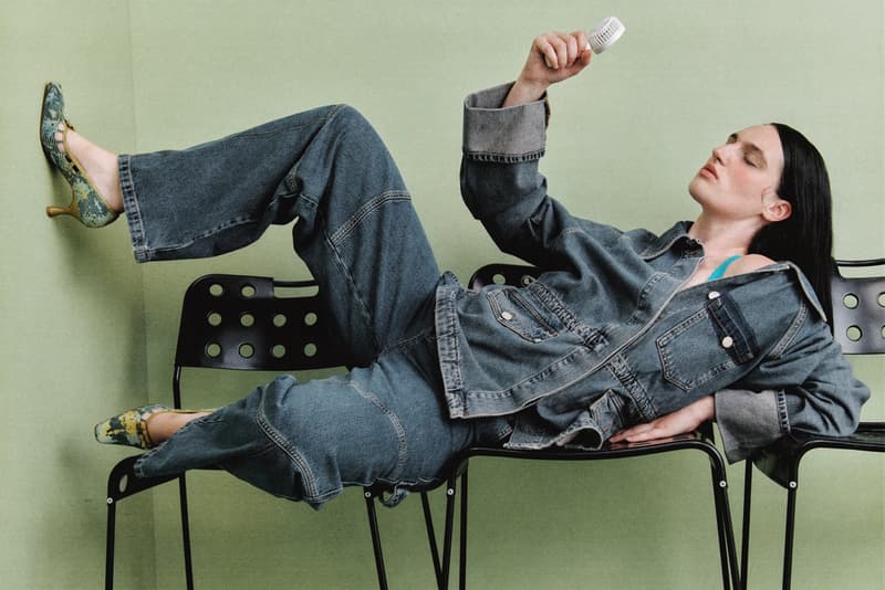 damson madder, polka dots, denim, models, lying down, sofa 