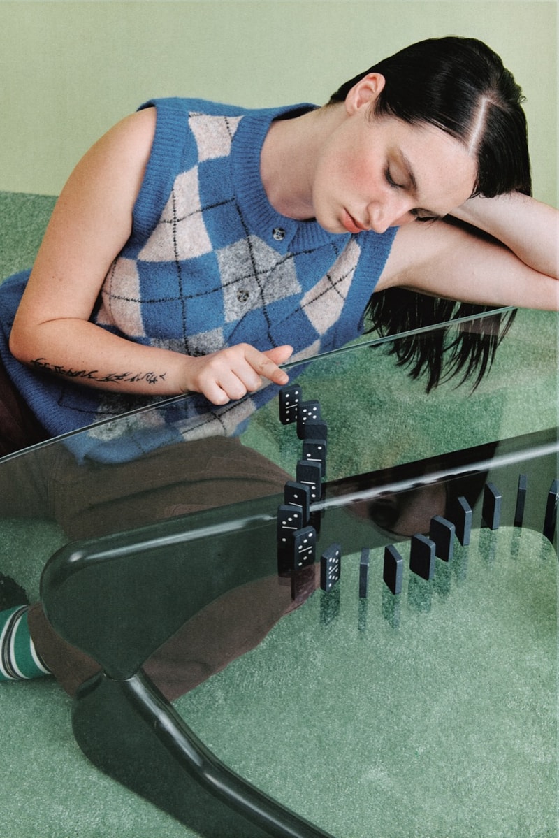damson madder, polka dots, denim, models, lying down, sofa 