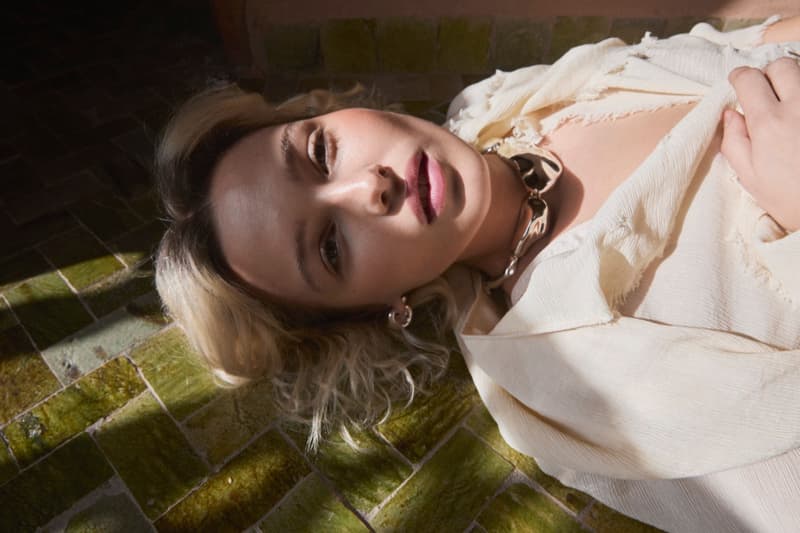 pilgrim jewelry, girls, beach, pool, bikini, gold pendant, silver, earrings, swimwear, sofa, lounging