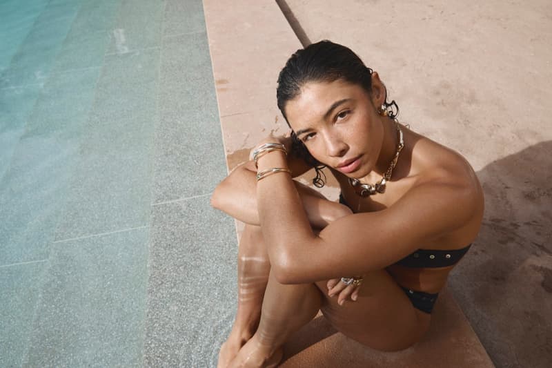 pilgrim jewelry, girls, beach, pool, bikini, gold pendant, silver, earrings, swimwear, sofa, lounging