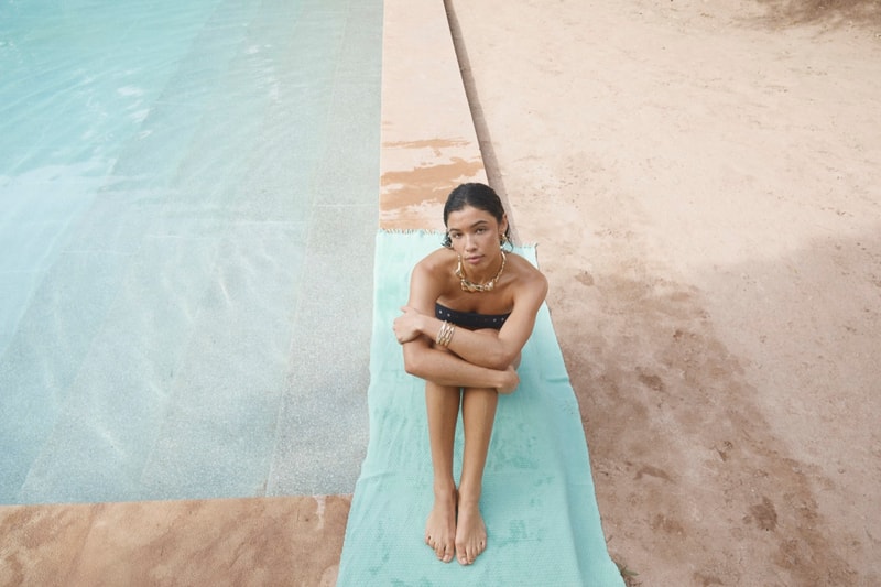 pilgrim jewelry, girls, beach, pool, bikini, gold pendant, silver, earrings, swimwear, sofa, lounging