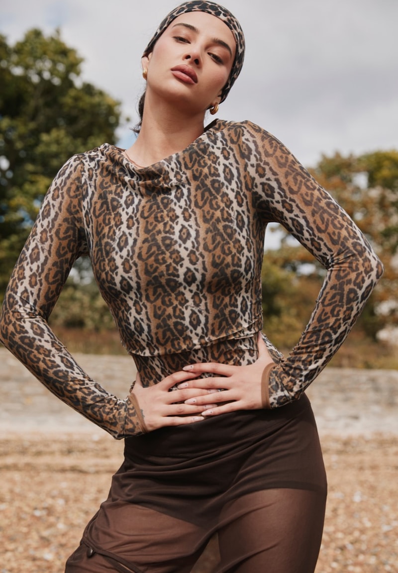 house of sunny, leopard print dress, polka dot top, slinky dresses, woman, beach, sheer top