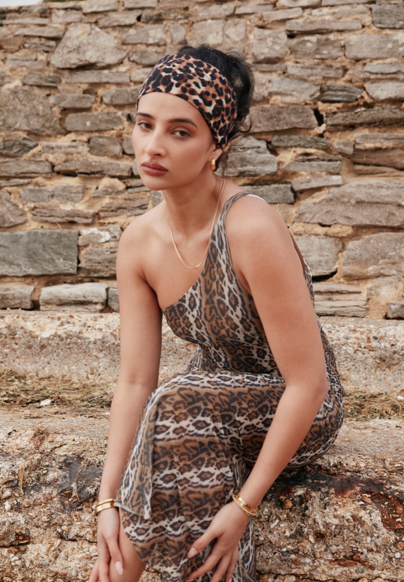 house of sunny, leopard print dress, polka dot top, slinky dresses, woman, beach, sheer top