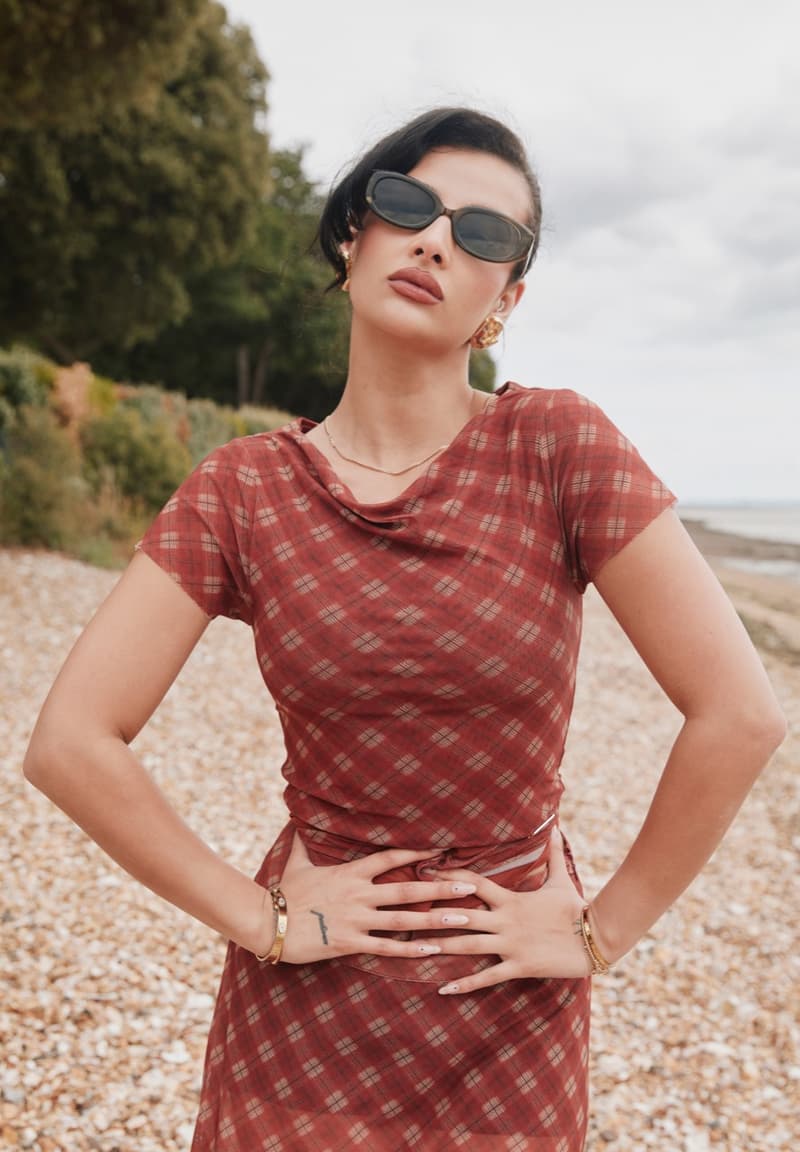 house of sunny, leopard print dress, polka dot top, slinky dresses, woman, beach, sheer top