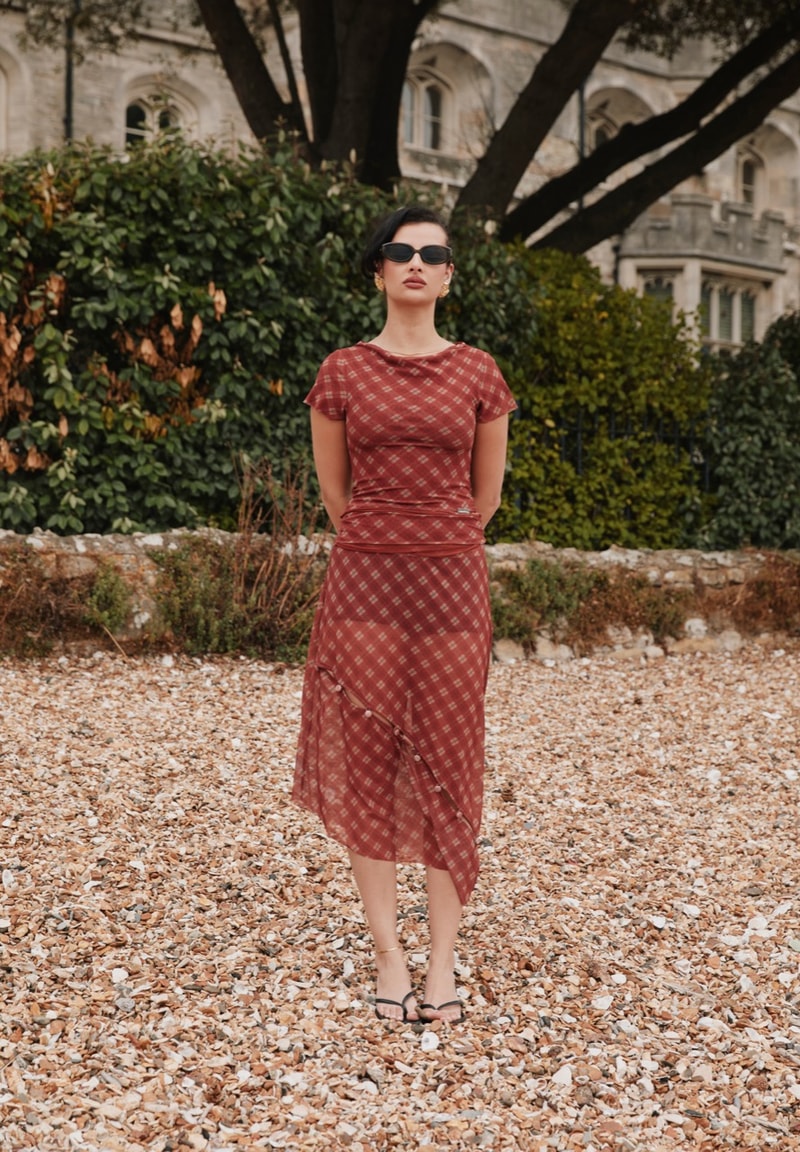 house of sunny, leopard print dress, polka dot top, slinky dresses, woman, beach, sheer top