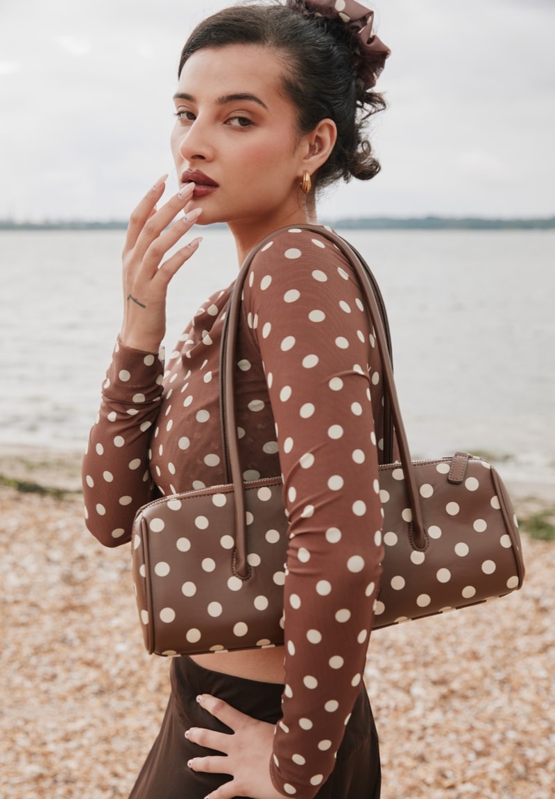 house of sunny, leopard print dress, polka dot top, slinky dresses, woman, beach, sheer top