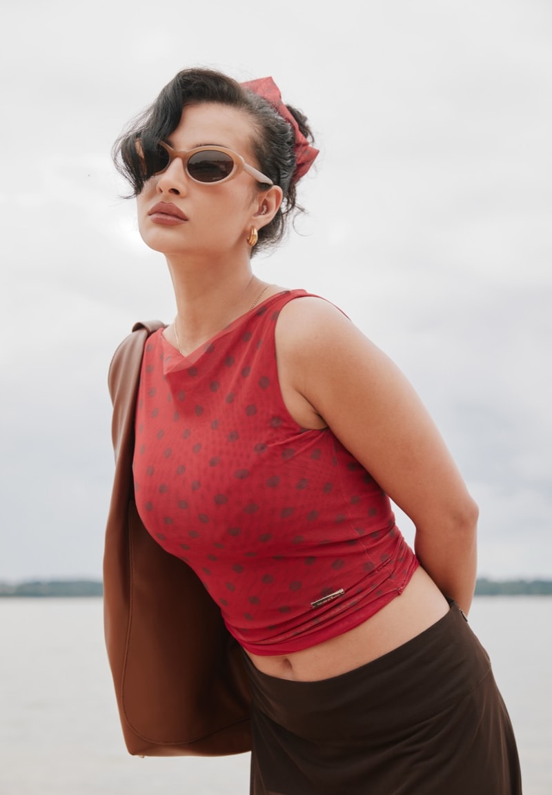house of sunny, leopard print dress, polka dot top, slinky dresses, woman, beach, sheer top