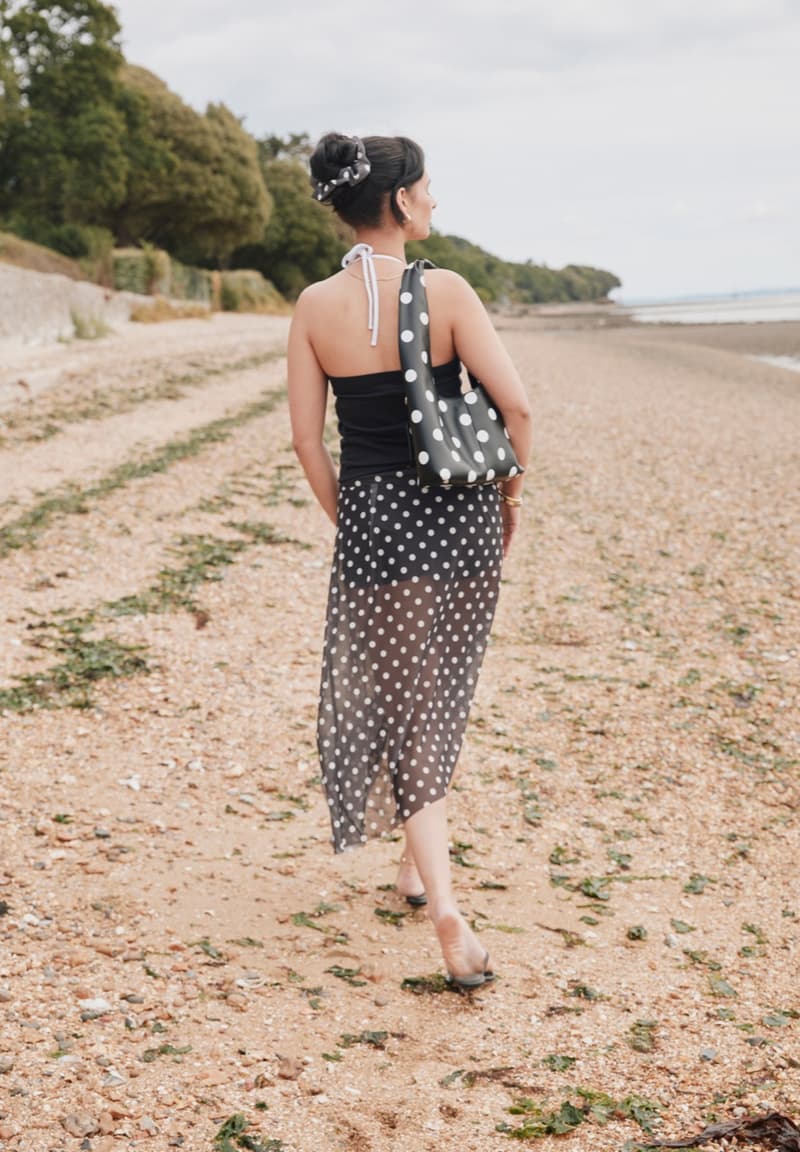 house of sunny, leopard print dress, polka dot top, slinky dresses, woman, beach, sheer top