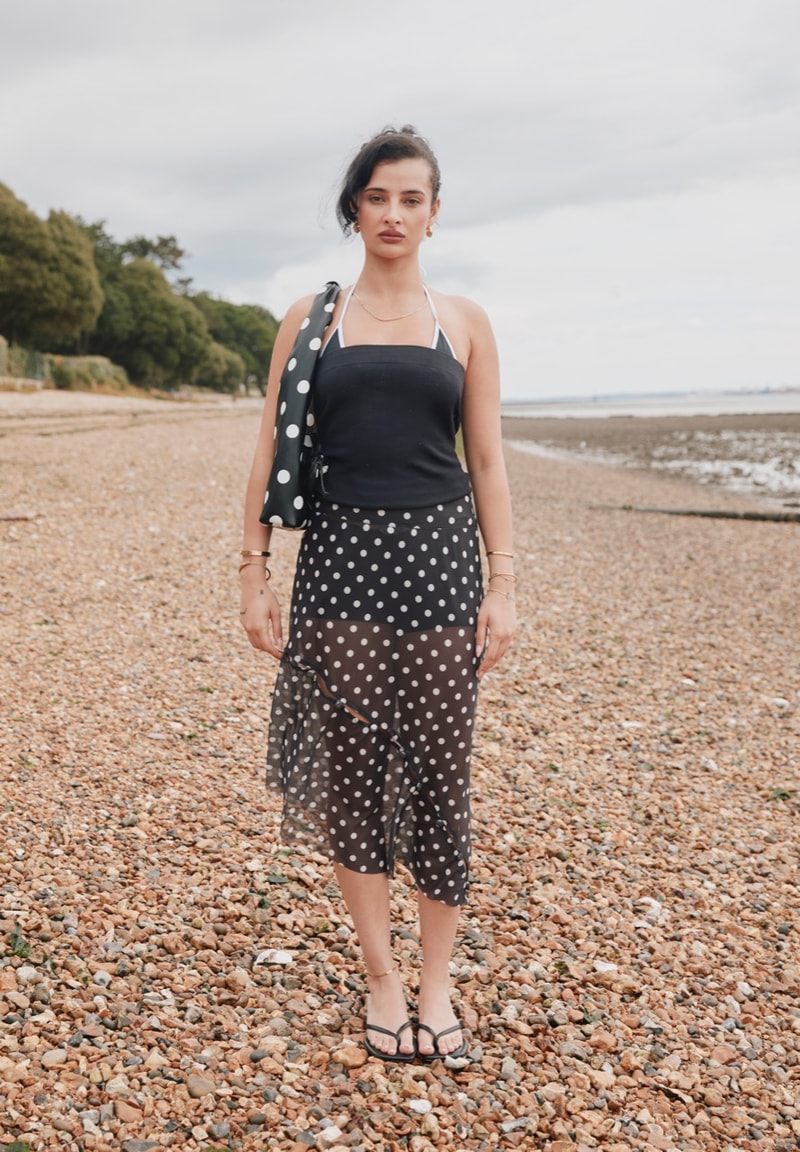 house of sunny, leopard print dress, polka dot top, slinky dresses, woman, beach, sheer top
