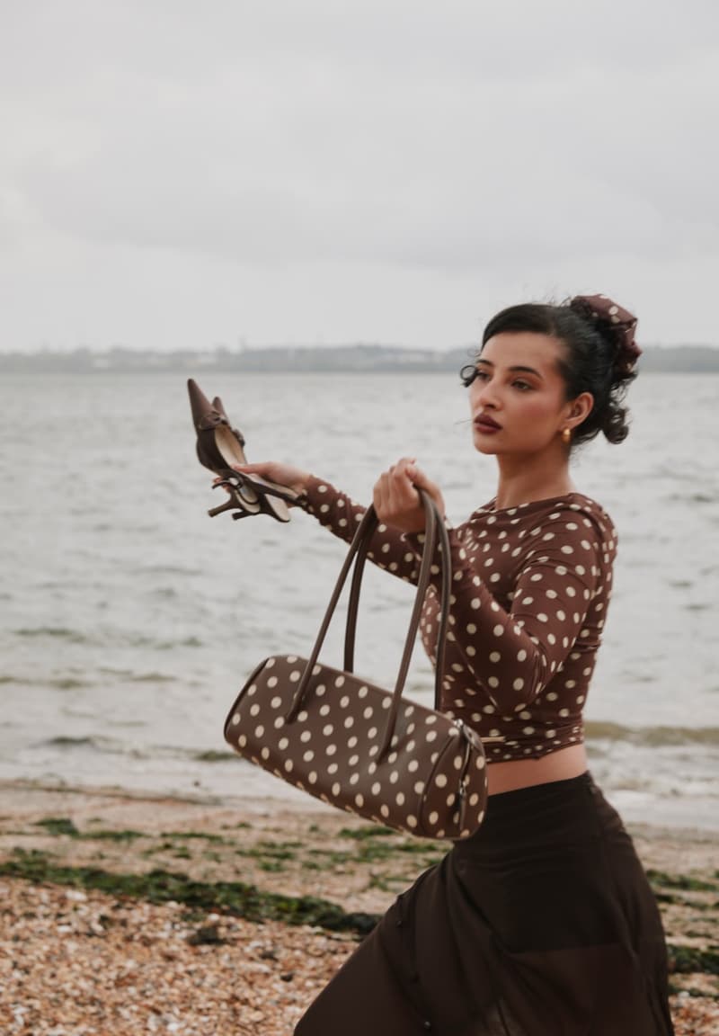 house of sunny, leopard print dress, polka dot top, slinky dresses, woman, beach, sheer top