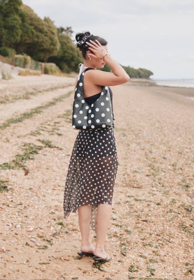 house of sunny, leopard print dress, polka dot top, slinky dresses, woman, beach, sheer top