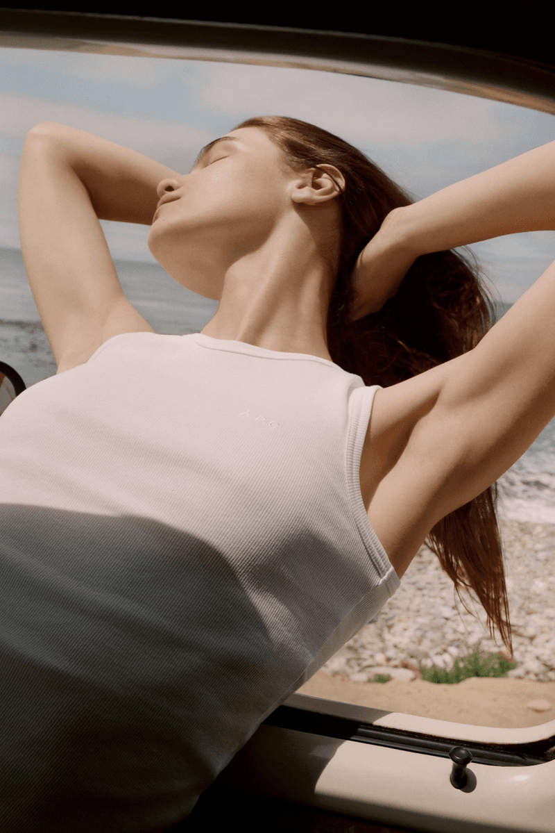 apc, woman, denim, topless, summer, jelly shoes, ballet flats, 