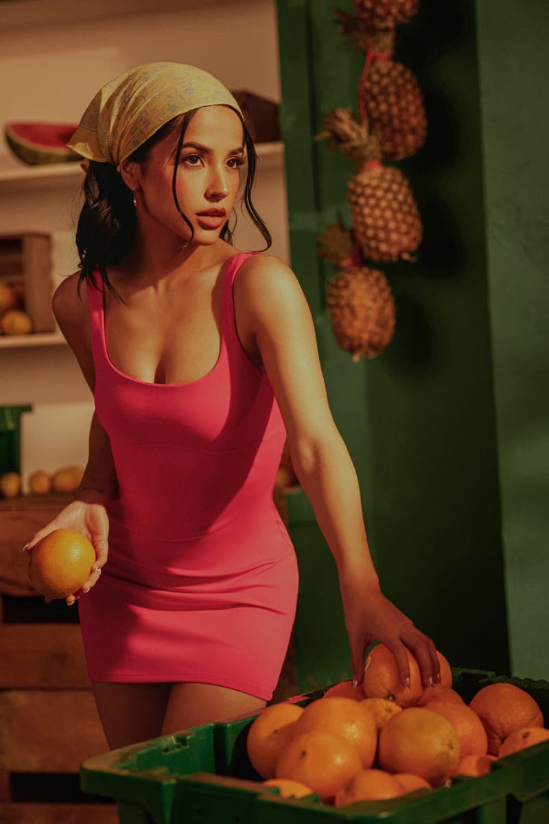 Fabletics, Becky G, Activewear, black dress, fruits, market, summer style