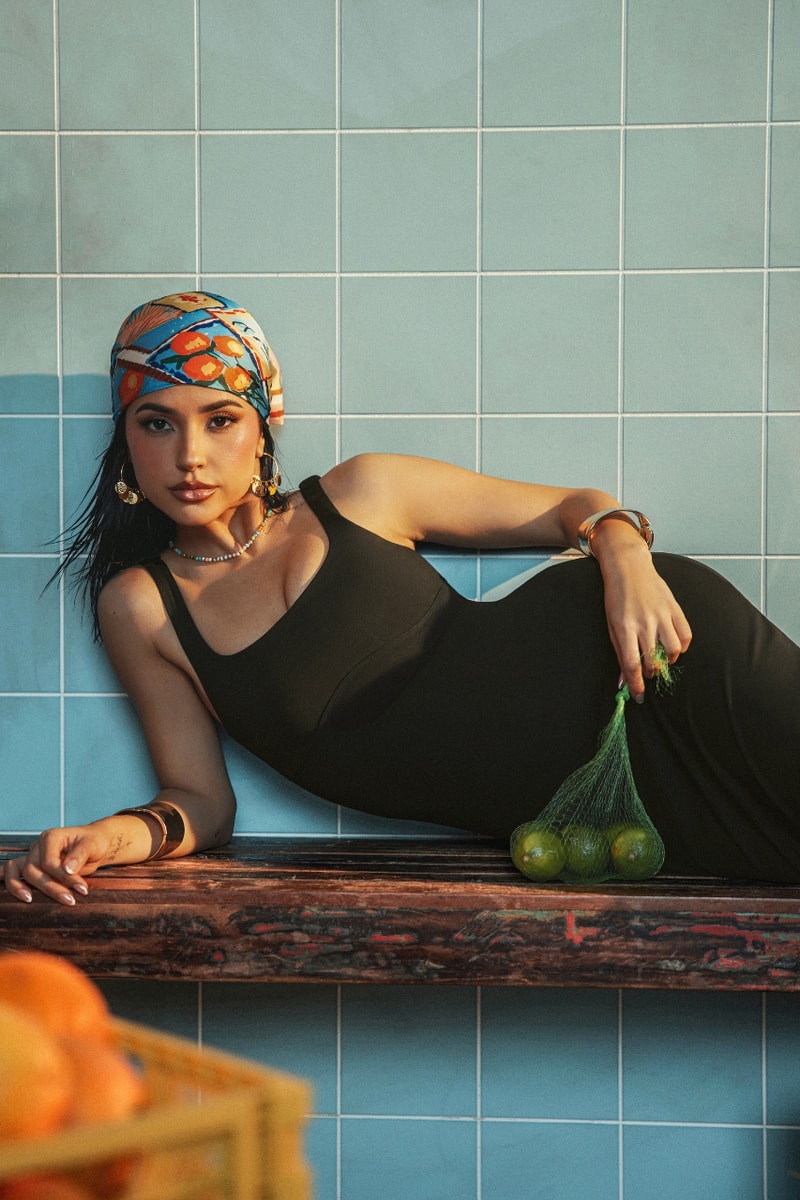 Fabletics, Becky G, Activewear, black dress, fruits, market, summer style