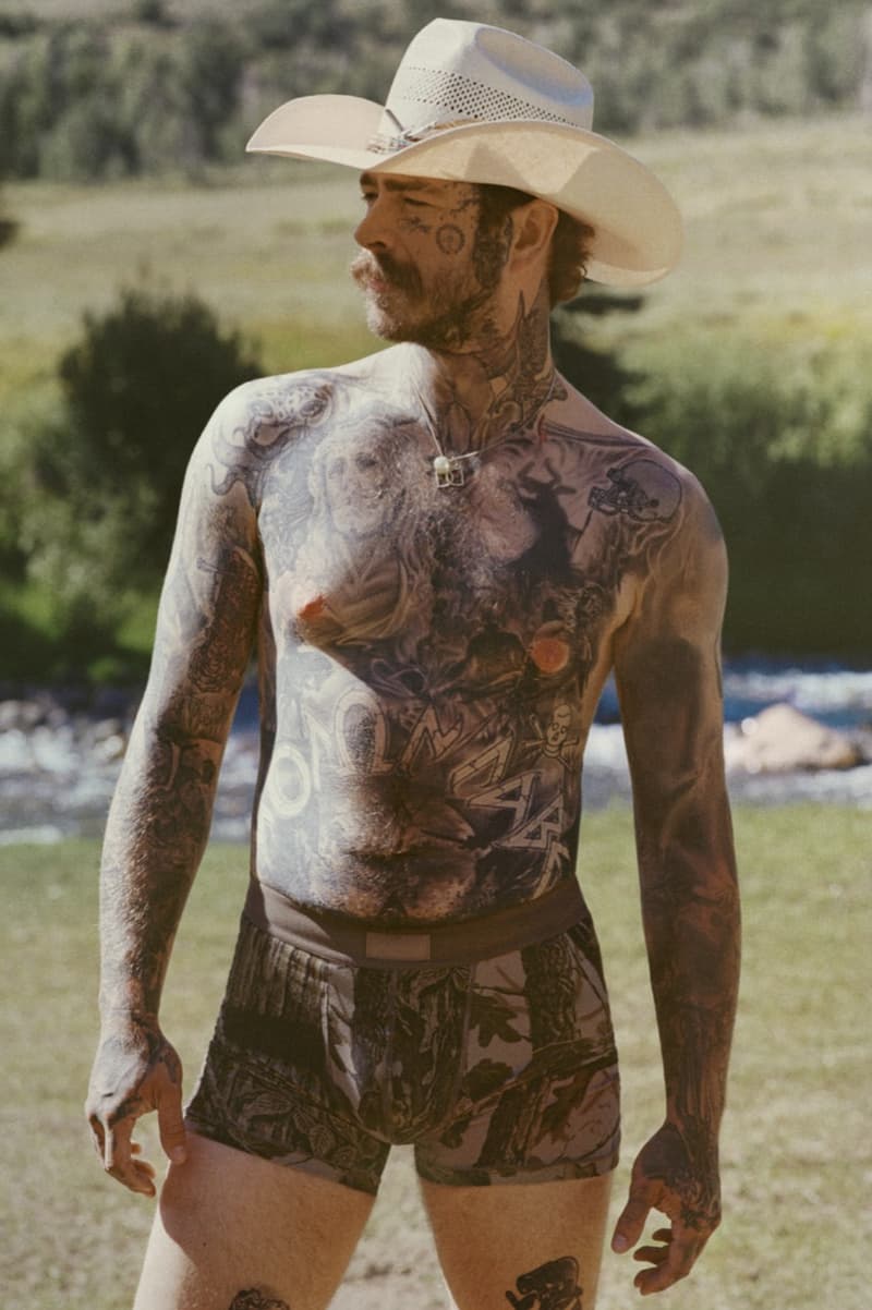 post malone, skims, camo, men, underwear, boxers, horse, cowboy hat