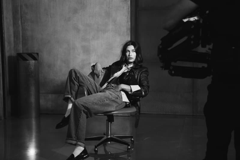 hailey bieber, dkny, varsity jacket, yellow, denim, jeans, jackets