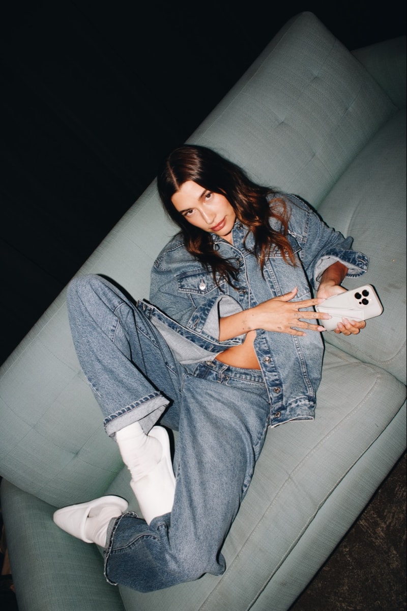 hailey bieber, dkny, varsity jacket, yellow, denim, jeans, jackets