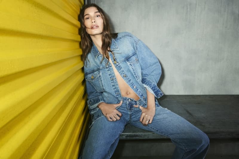 hailey bieber, dkny, varsity jacket, yellow, denim, jeans, jackets