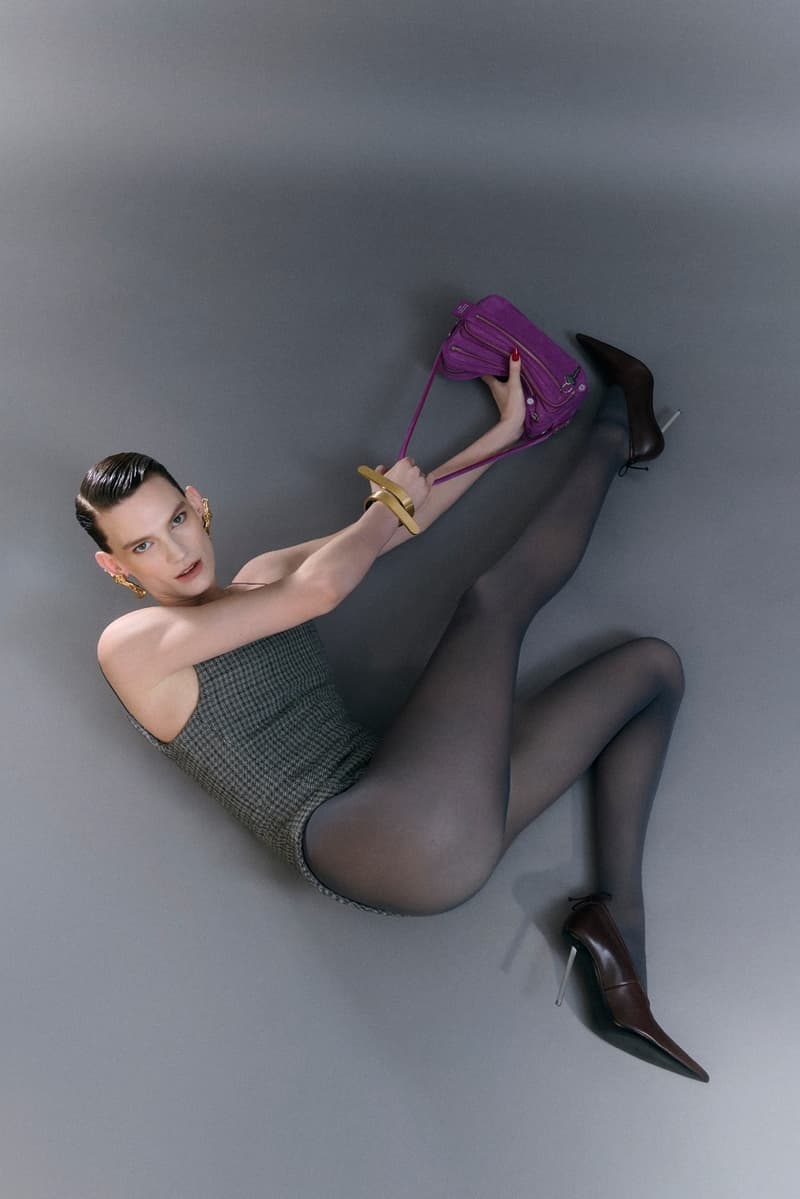 acne studios, camero bag, red leather, woman, model, tights, body