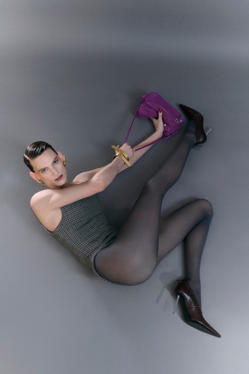 acne studios, camero bag, red leather, woman, model, tights, body