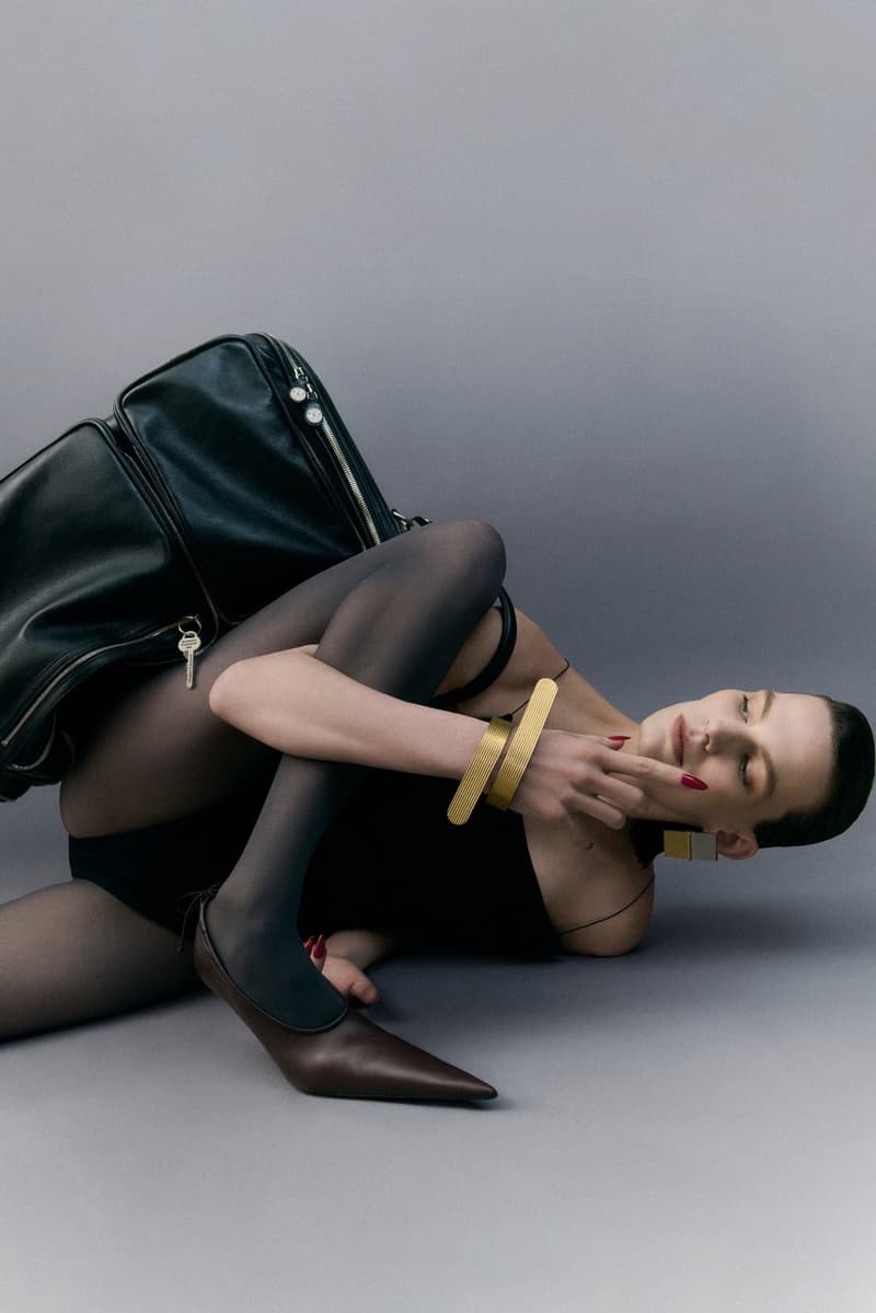 acne studios, camero bag, red leather, woman, model, tights, body