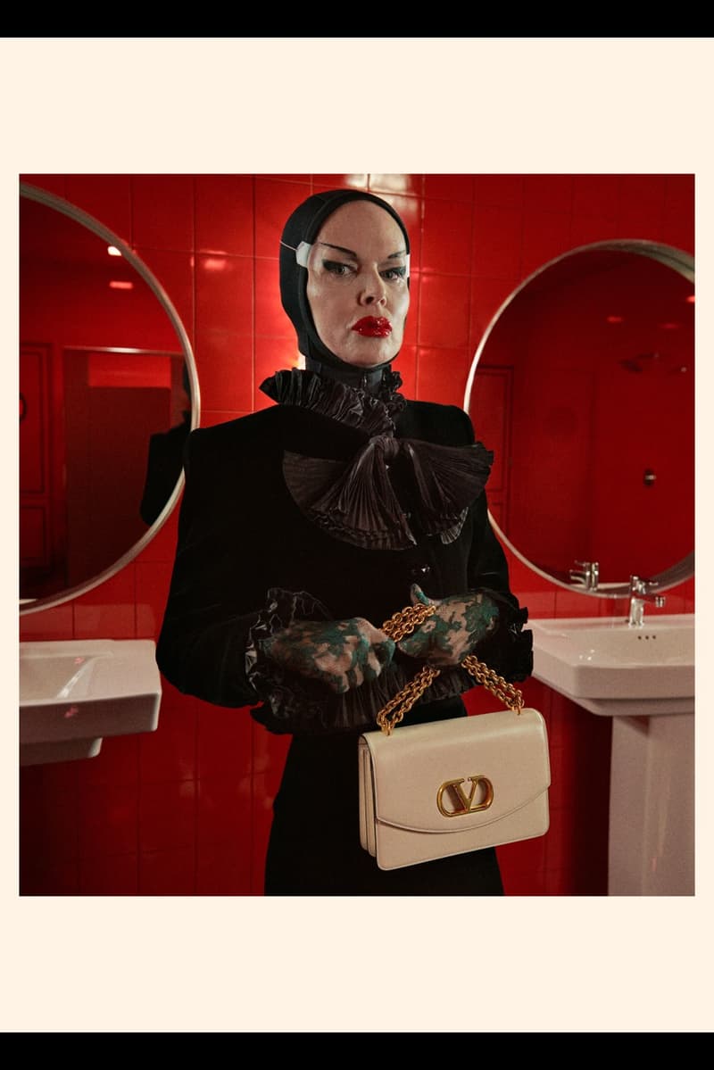 clairo, valentino, fall winter, lace, red bathroom, woman, hats, sheer bodysuit