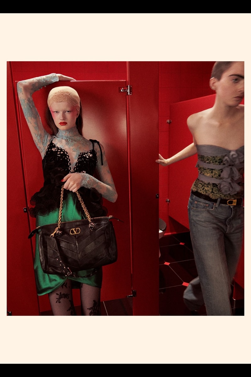 clairo, valentino, fall winter, lace, red bathroom, woman, hats, sheer bodysuit