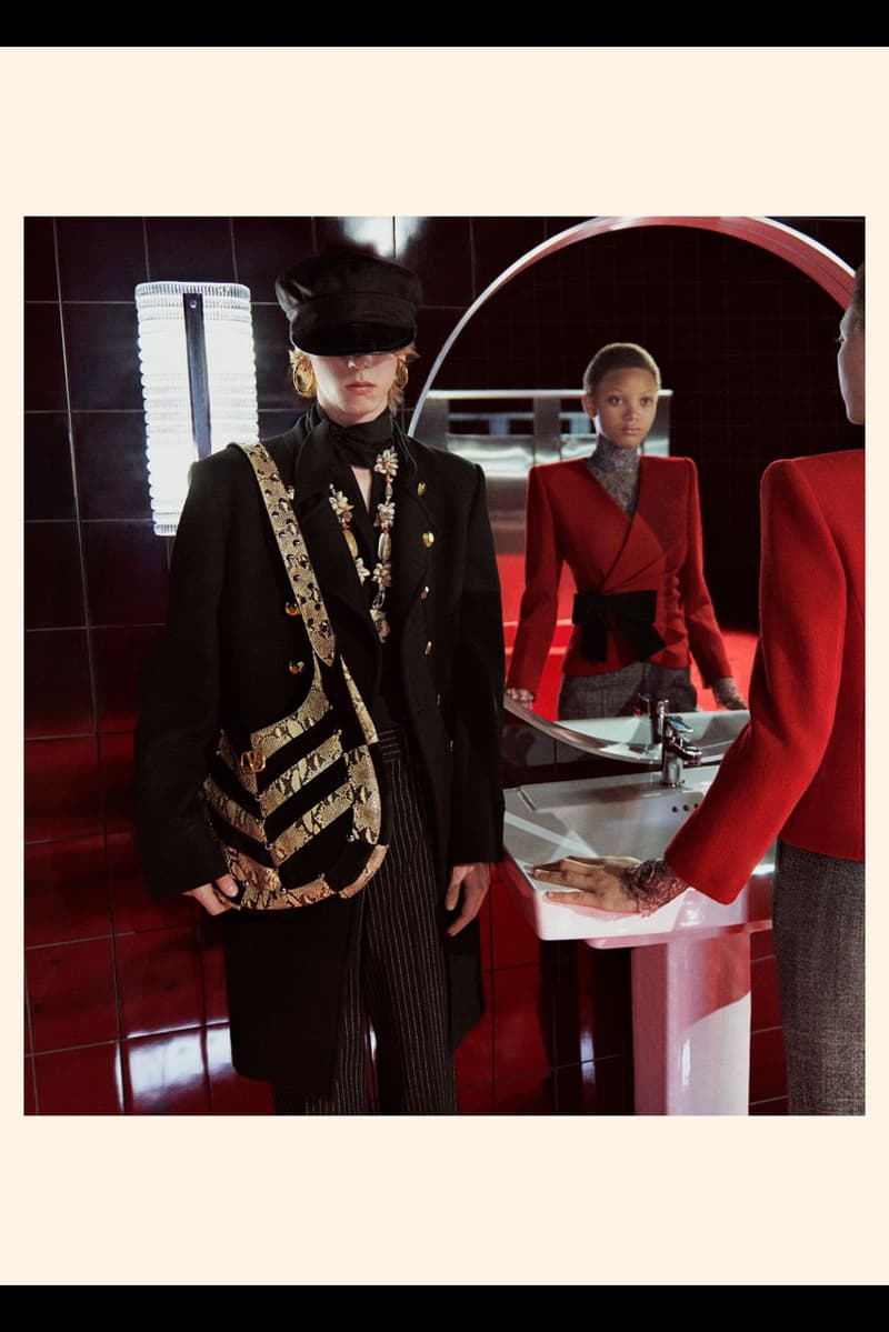 clairo, valentino, fall winter, lace, red bathroom, woman, hats, sheer bodysuit