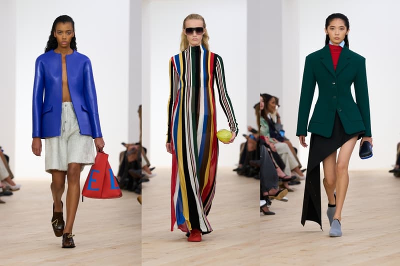 loewe, paris runway, models, blue leather jacket, striped dress, body, open jacket