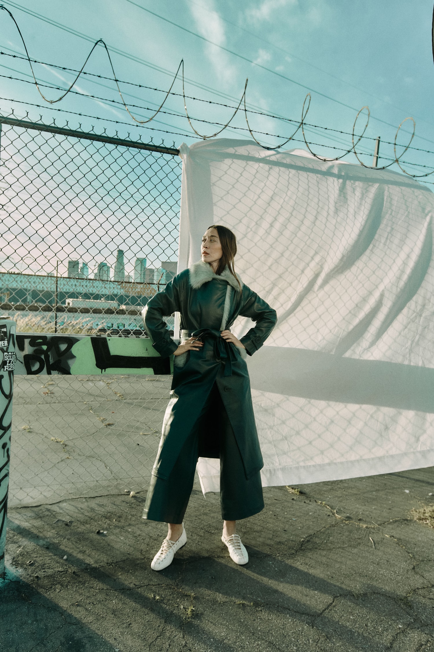 alana hadid, onar studios, coats, leather skirts, jeans, trousers, model
