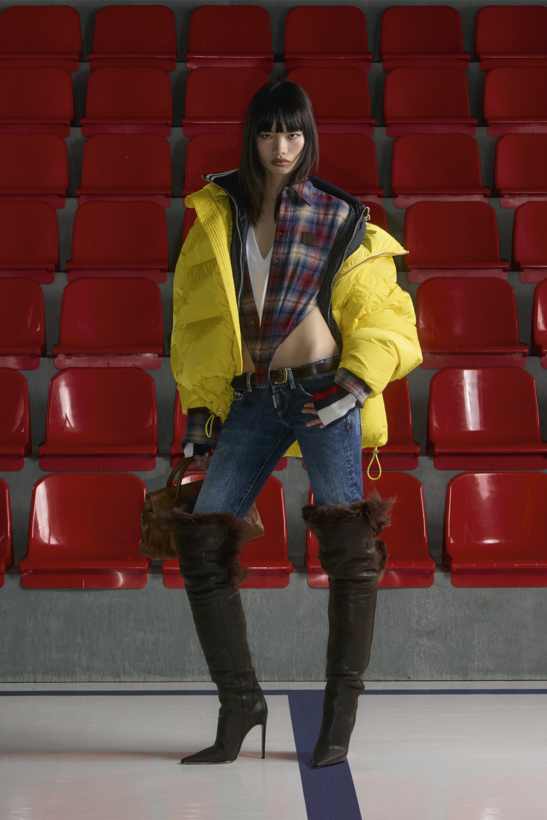 pre fall collection, dsquared, red seats, black dress, tank tops, denim, bags