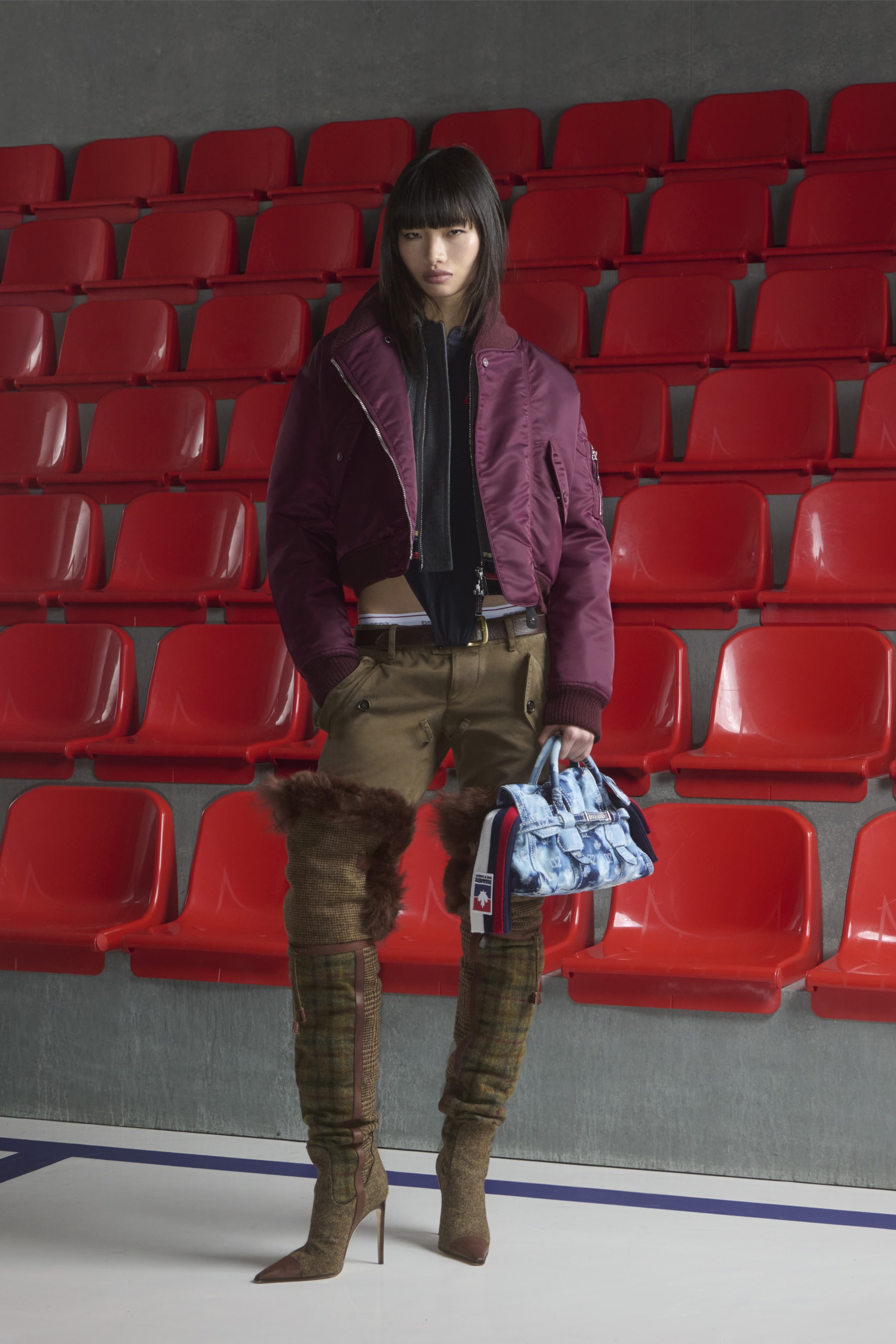 pre fall collection, dsquared, red seats, black dress, tank tops, denim, bags