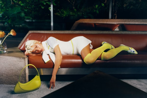 iris law, casablanca, green tights, girl, laying on sofa, white dress, hotel
